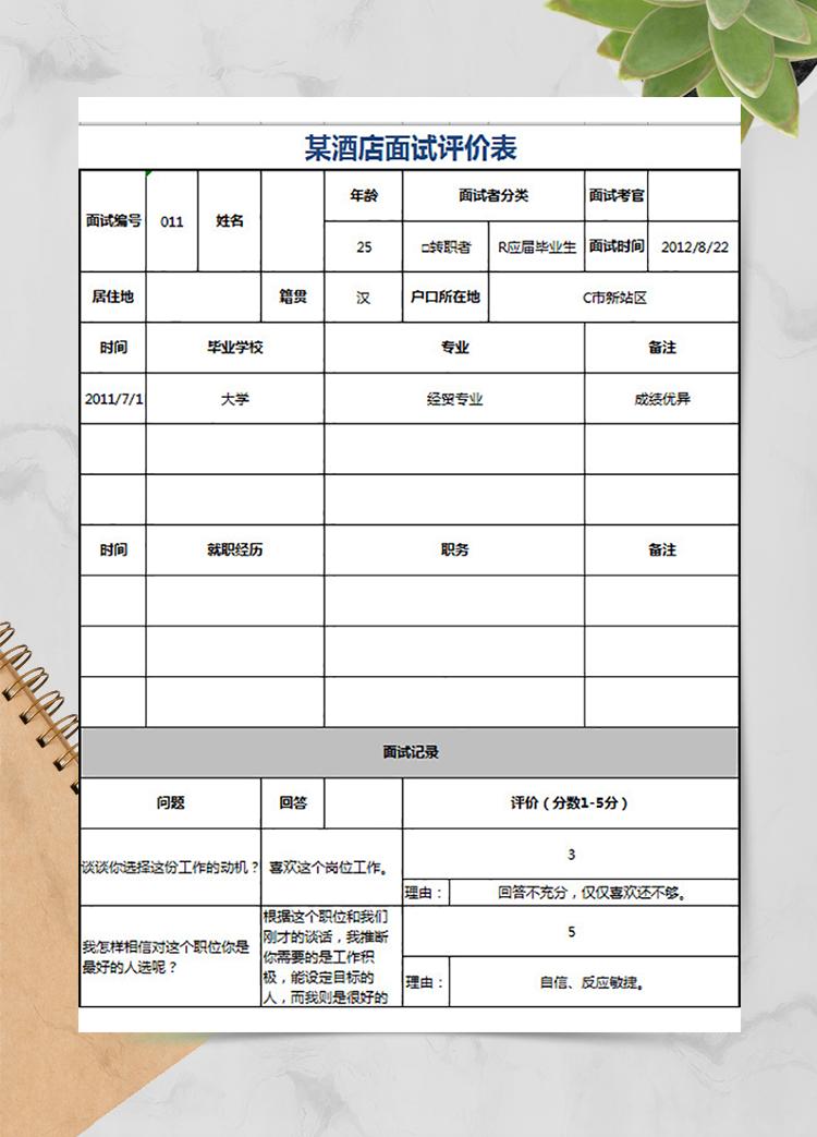 某酒店面試評價表