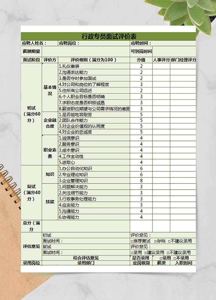 行政專員面試評價表