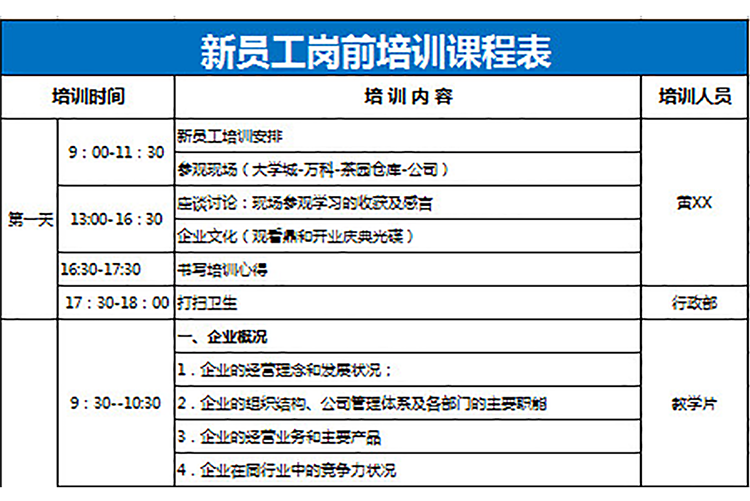 新員工崗前培訓課程表-1