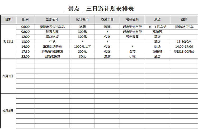 三日游計劃安排表-1