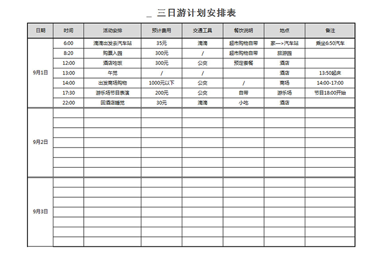 三日游計劃安排表-1