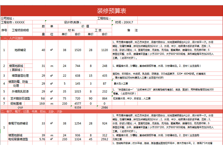 紅色表格裝修預(yù)算表-1