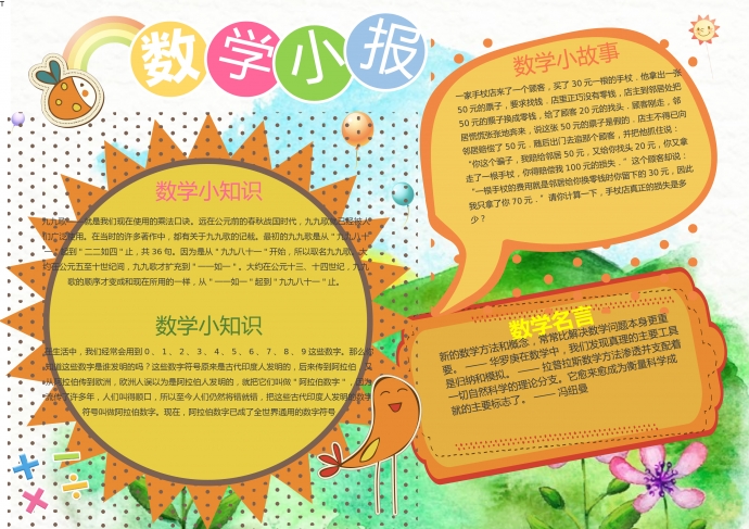 小清新太陽樹木元素數學手抄報wps