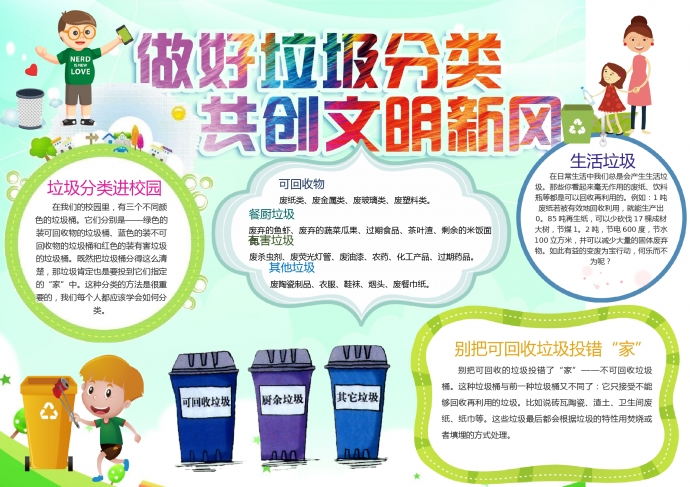 環(huán)保小報可愛卡通垃圾分類手抄報