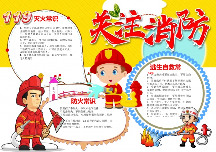 卡通可愛消防員關(guān)注消防手抄報