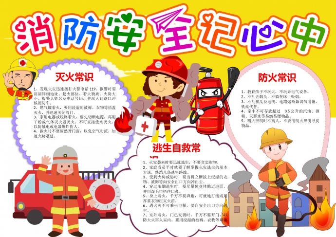 卡通可愛消防安全記心中藝術字體手抄報