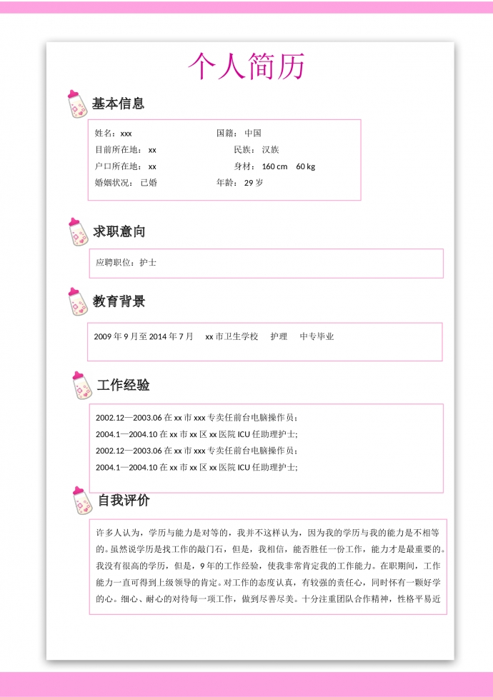 粉色帶封面ICU助理護士簡歷模板-1