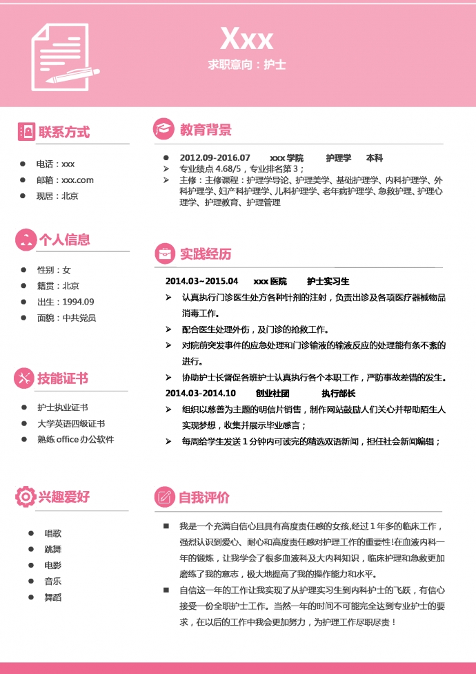 粉色可愛風天使封面護理護士簡歷-1