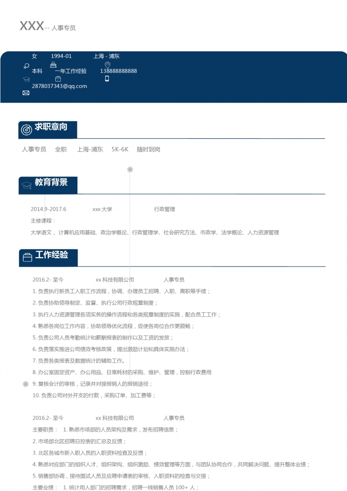 深藍色簡潔風人力資源專員簡歷模板