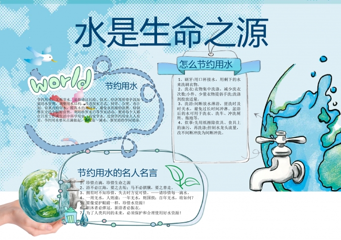 藍色卡通地球水是生命之源手抄報