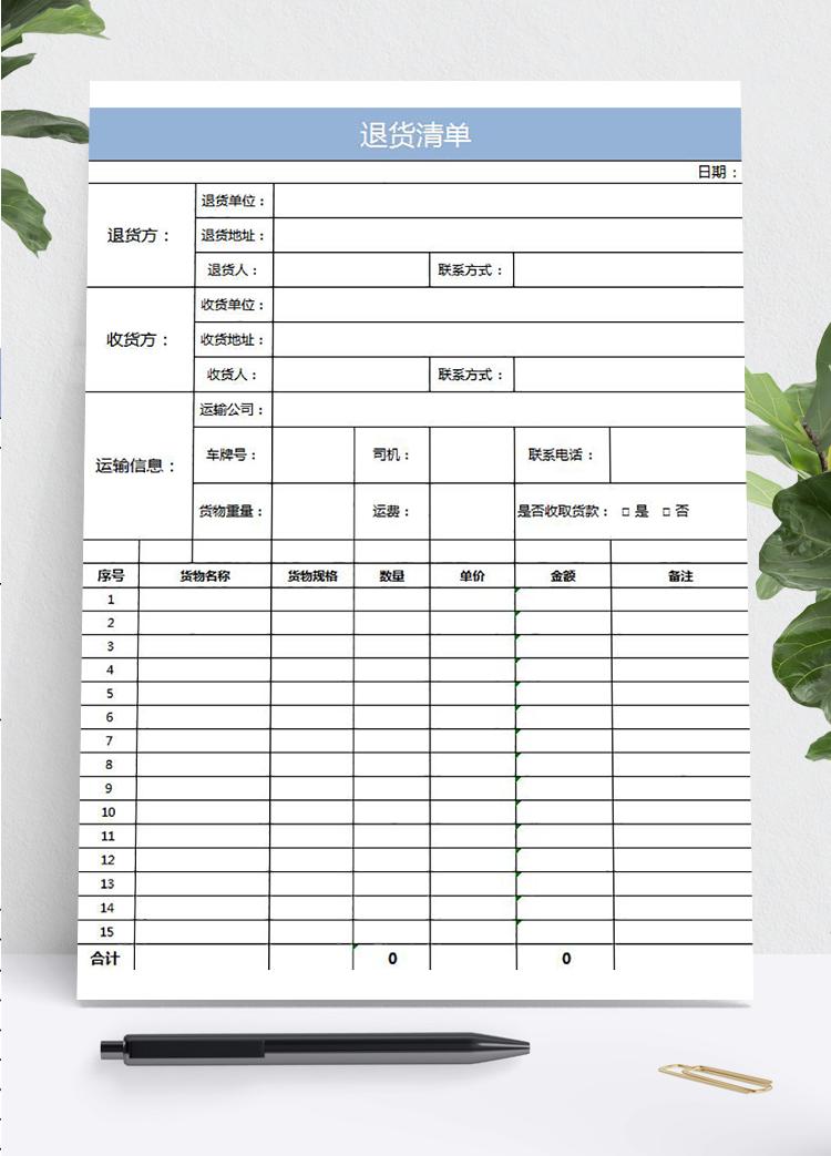 簡約退貨清單