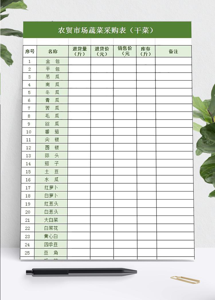 綠色農貿市場蔬菜采購表