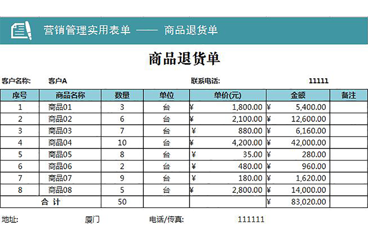 營銷管理實用商品退貨單-1