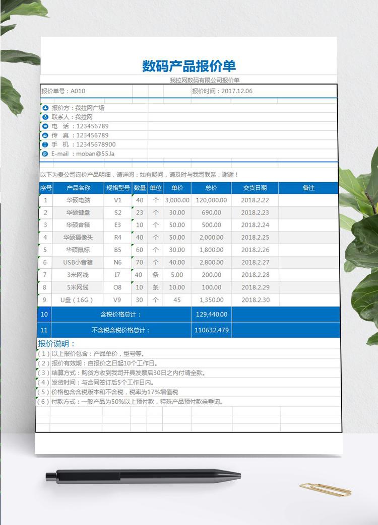 數(shù)碼產(chǎn)品報(bào)價(jià)單明細(xì)記錄excel圖表