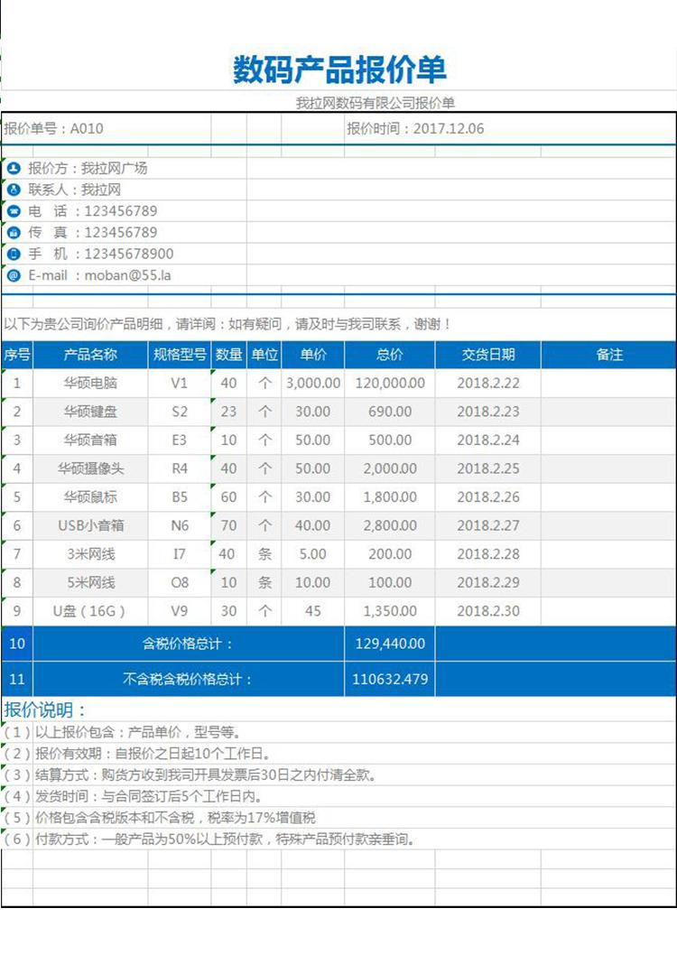 數(shù)碼產(chǎn)品報(bào)價(jià)單明細(xì)記錄excel圖表-1