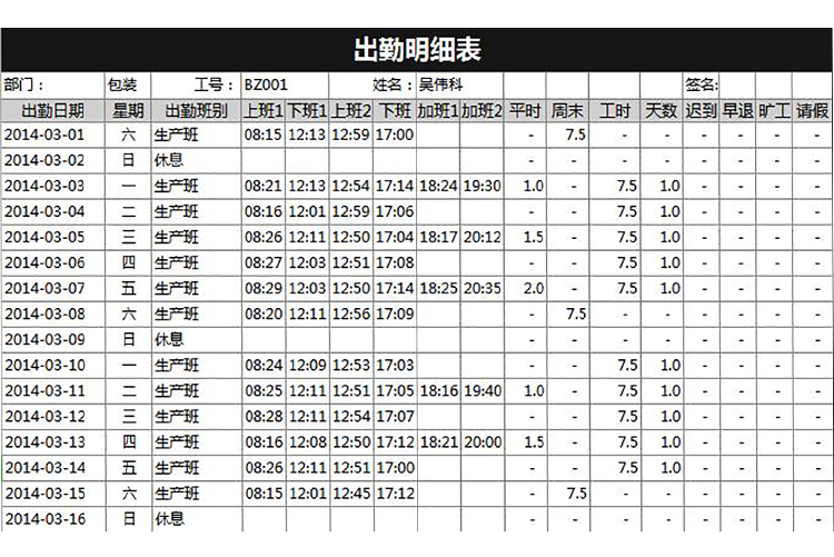 個(gè)人月度出勤明細(xì)表-1