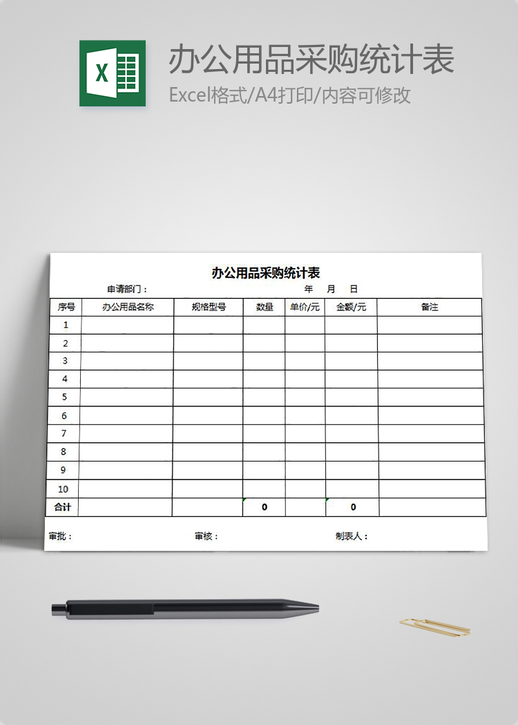 辦公用品采購統計表格模板