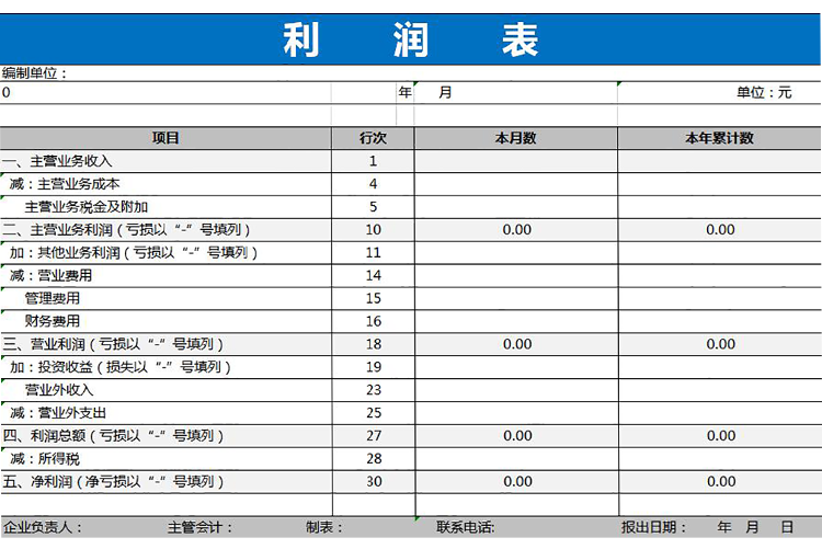 藍色簡單財務利潤表模板-1
