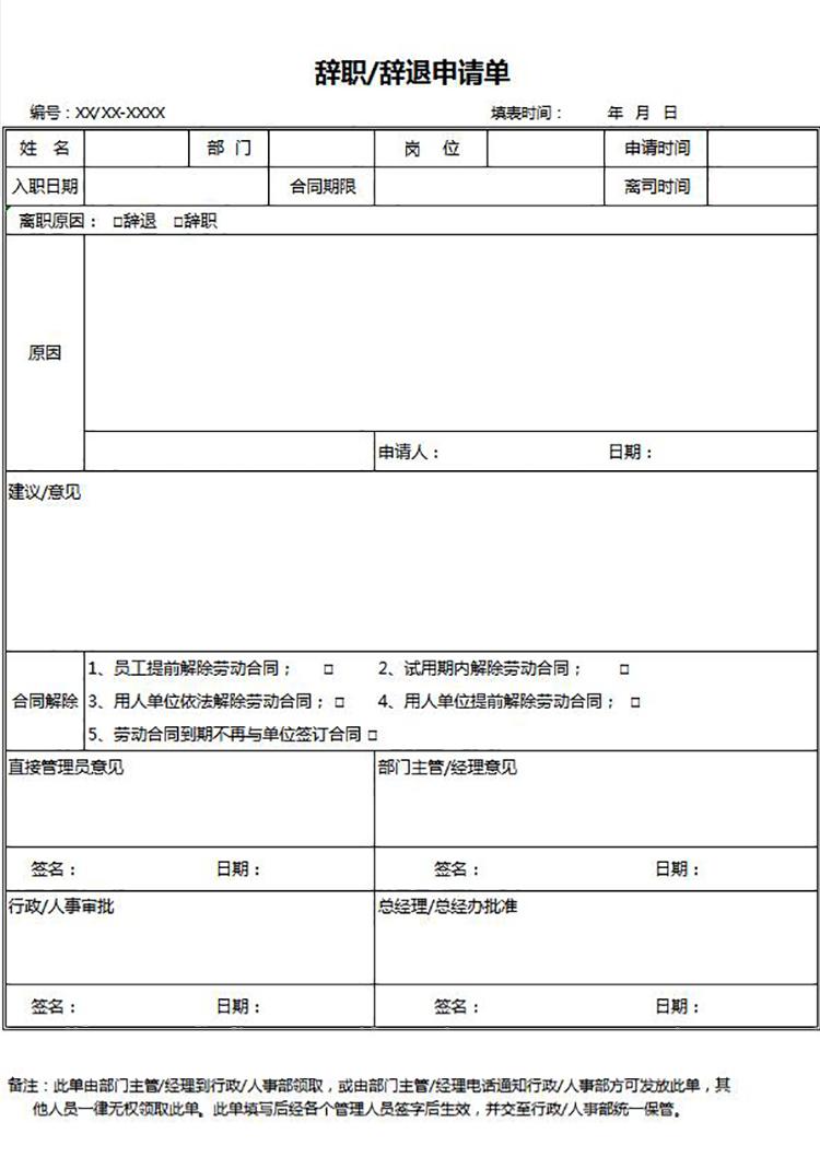 常用員工辭職/辭退申請表Excel模板-1