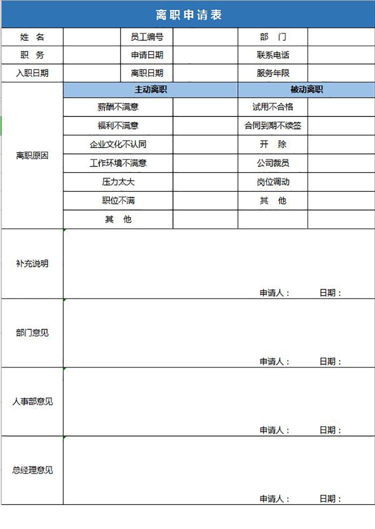 藍色實用員工離職申請表Excel模板-1
