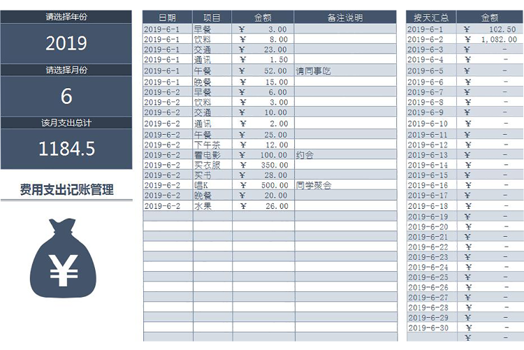 個(gè)人月度費(fèi)用支出記賬管理-1