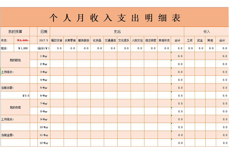 橘粉色系個人月收入支出明細表-1