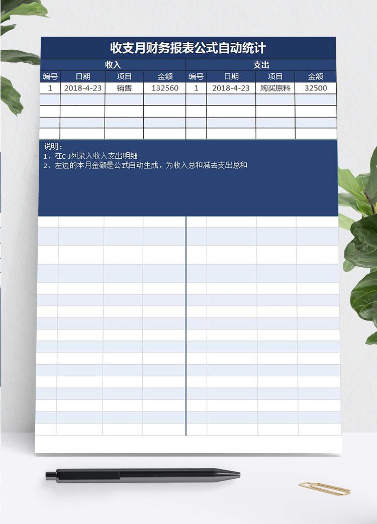 藍色收支月財務報表公式自動統計