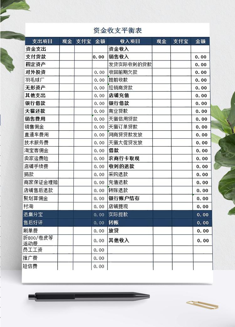 墨藍色系資金收支平衡表