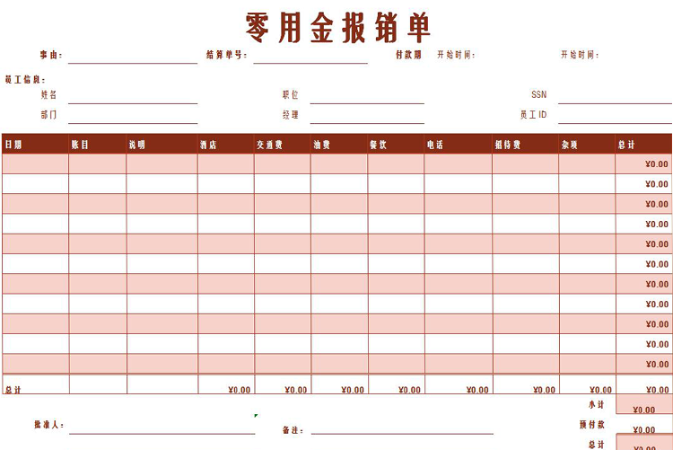 粉色風格零用金報銷單Excel模板-1