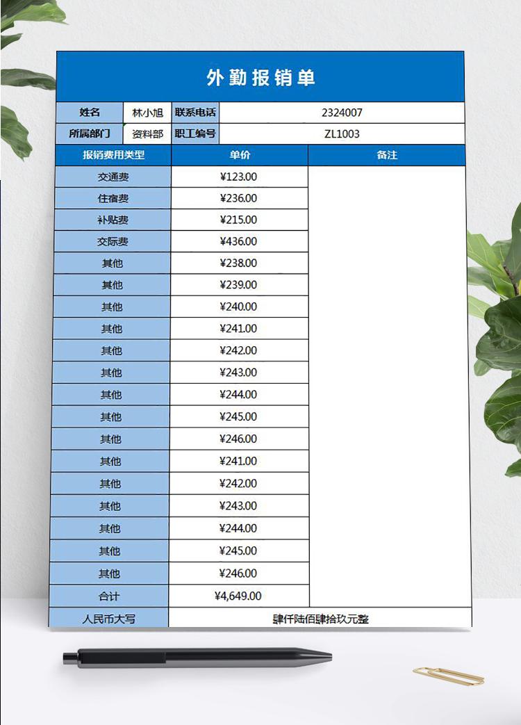 藍色風外勤報銷詳情單Excel模板