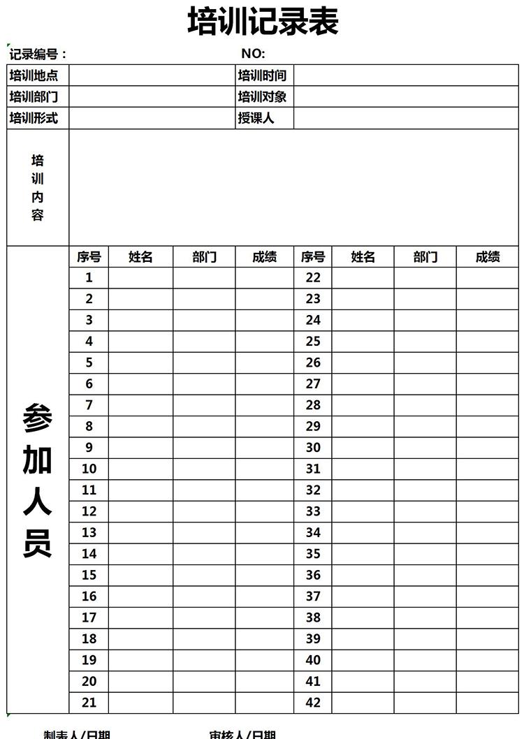 簡約常用培訓記錄表Excel模板-1