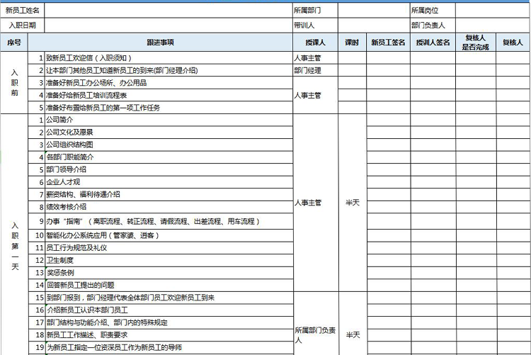 藍(lán)色新員工入職培訓(xùn)跟進(jìn)表Excel模板-1