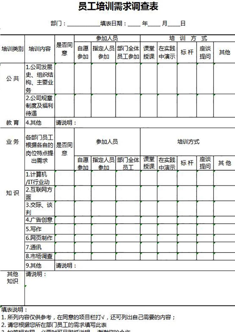 員工培訓(xùn)需求調(diào)查表Excel模板-1