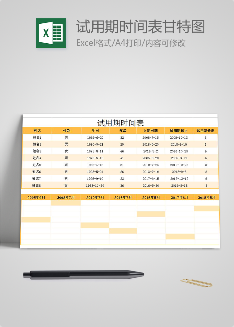 金桔色風試用期時間表甘特圖模板