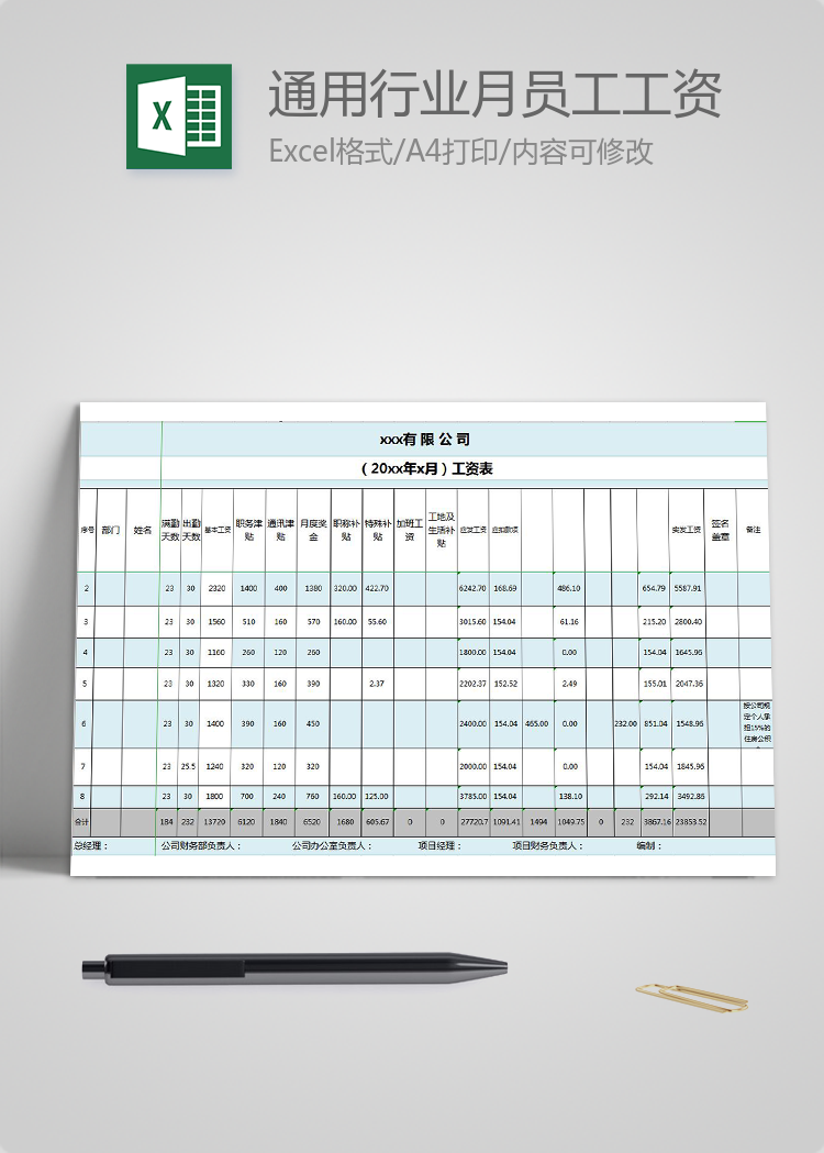 通用行業(yè)月員工工資表模板下載