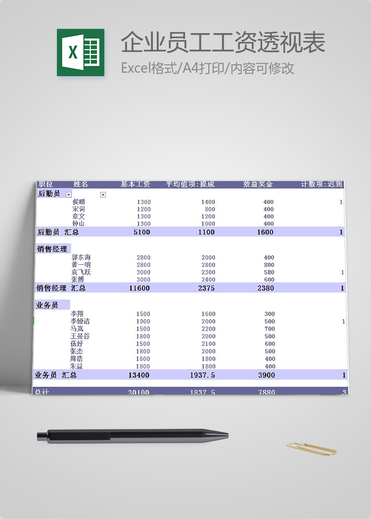 企業(yè)員工工資透視表模板