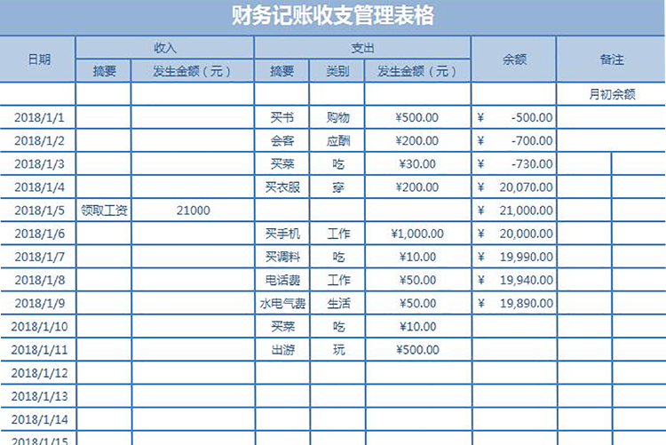 天藍色簡約風財務記賬收支管理表格excel模板-1