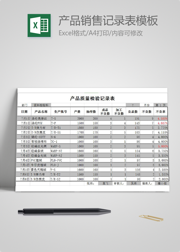 產品銷售記錄表Excel模板