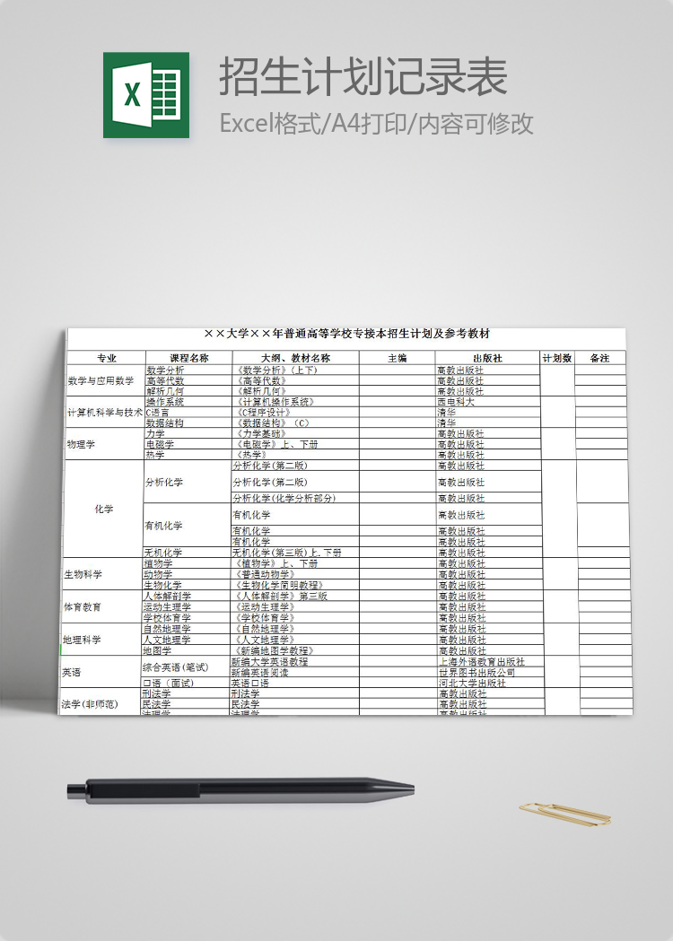 大學普通高等學校專接本招生計劃及參考教材