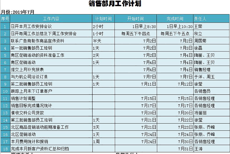 藍色系銷售部月度工作計劃表-1