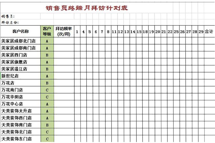 銷售員終端月拜訪計劃表-1