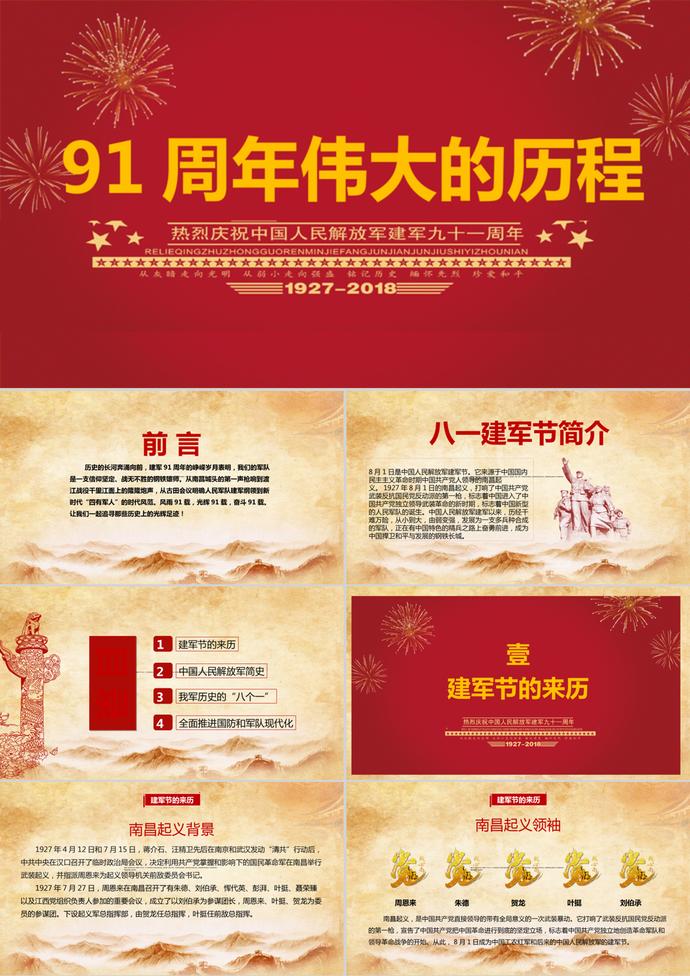 榮耀八一建軍節建軍91周年PPT模板.