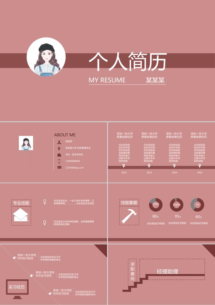 粉色簡潔扁平化個人簡歷ppt模板