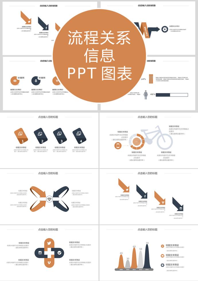 橙色風格流程關系信息PPT圖表模板