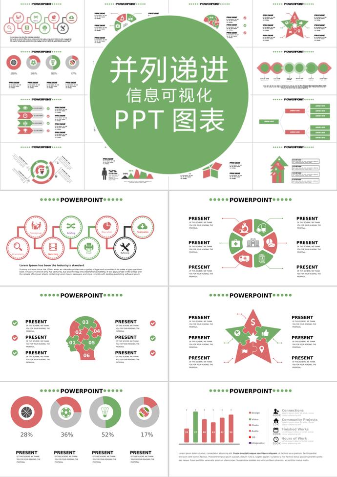 綠色清新風(fēng)并列遞進(jìn)信息可視化PPT圖表