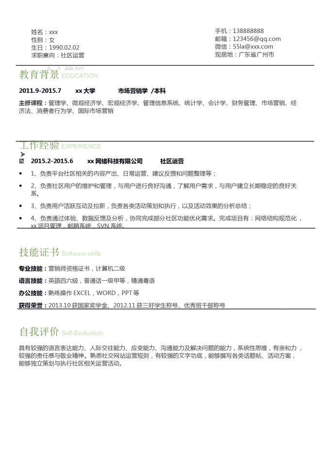 簡約大氣社區(qū)運營求職簡歷模板