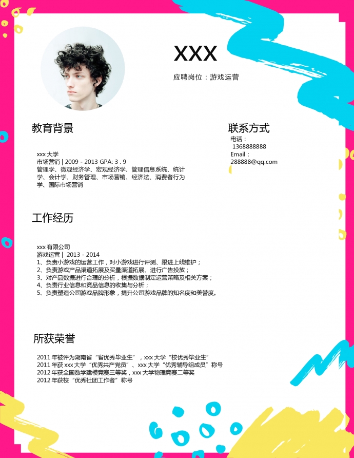 活潑彩色游戲運營簡歷模板