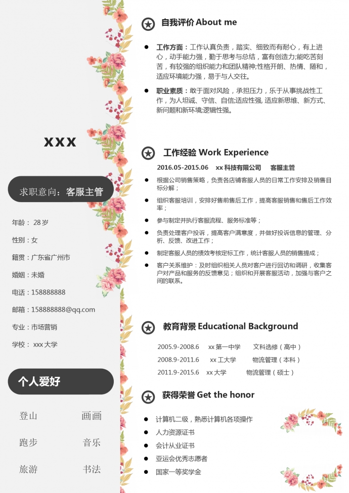 花邊客服主管通用word簡(jiǎn)歷