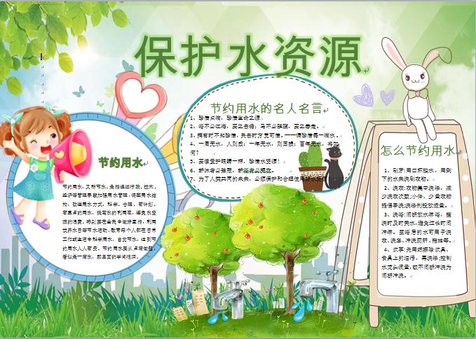 綠色清新可愛卡通小白兔保護水資源手抄報wps