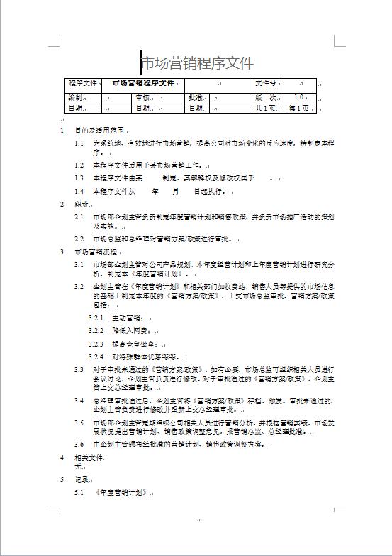 市場營銷程序文件策劃書